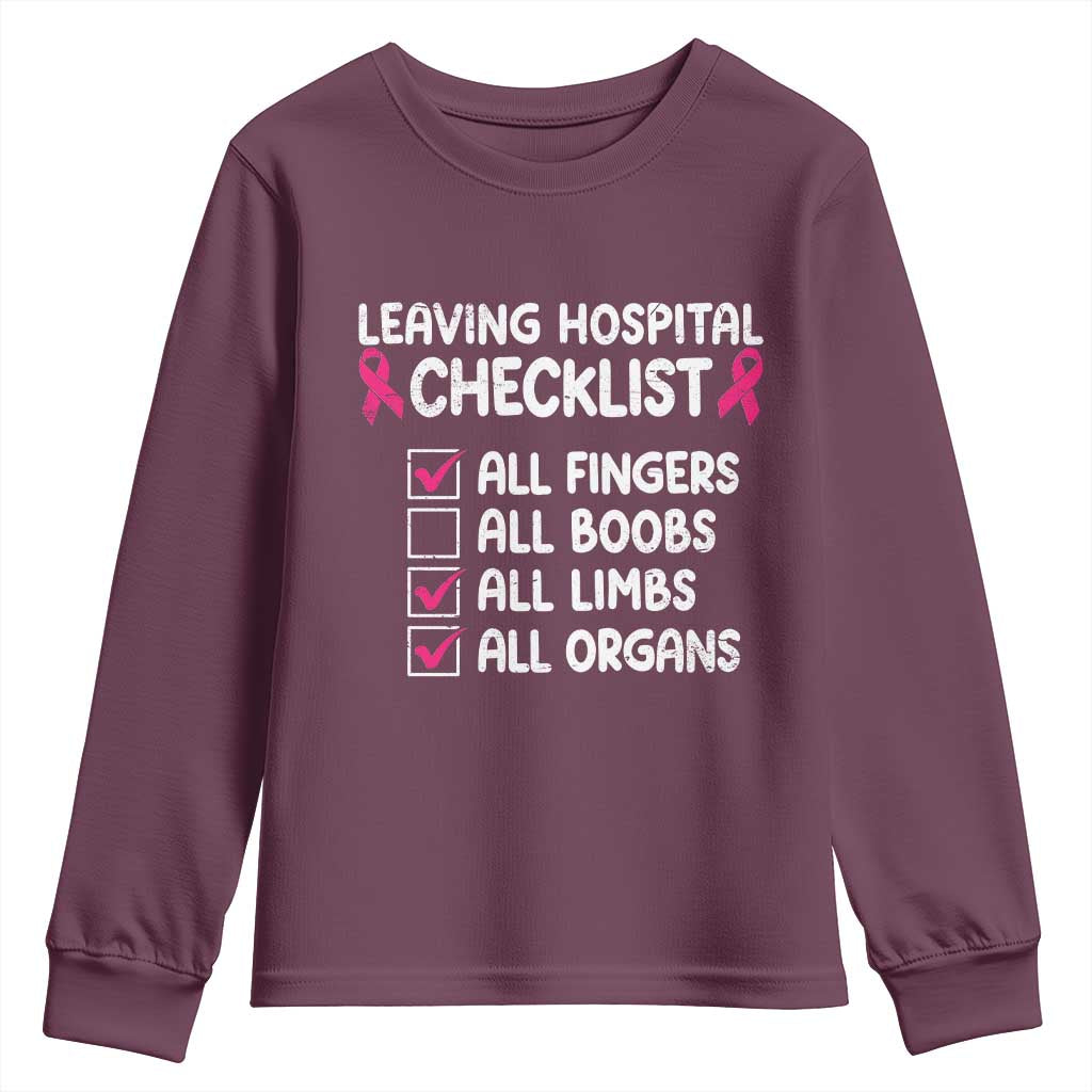 Leaving Hospital Checklist Funny Mastectomy Surgery Youth Sweatshirt Breast Cancer Support Survivor Humor