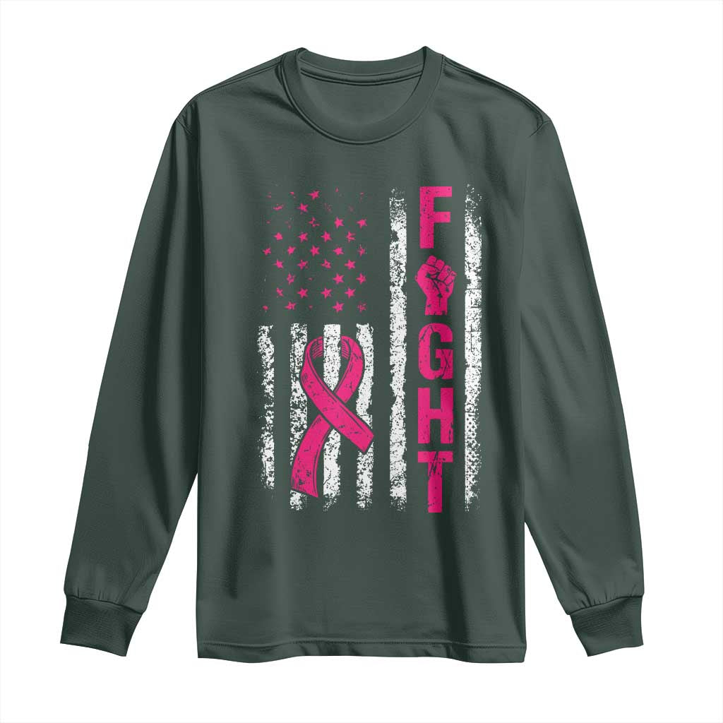 Fight Breast Cancer Support Pink Ribbon American Flag Graphic Long Sleeve Shirt