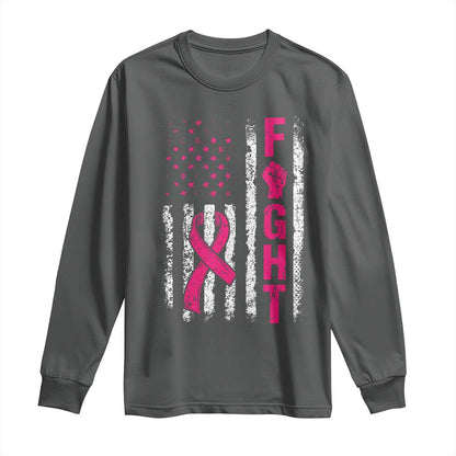 Fight Breast Cancer Support Pink Ribbon American Flag Graphic Long Sleeve Shirt