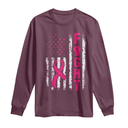 Fight Breast Cancer Support Pink Ribbon American Flag Graphic Long Sleeve Shirt