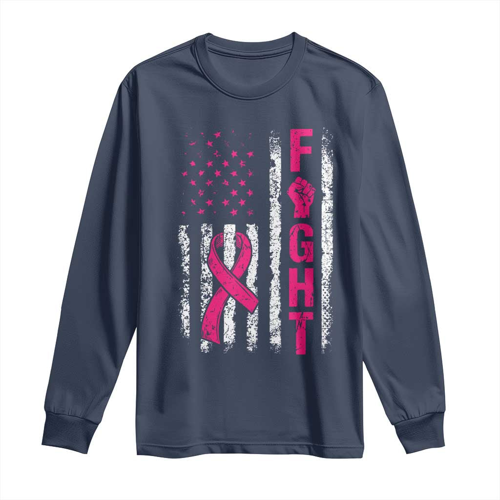 Fight Breast Cancer Support Pink Ribbon American Flag Graphic Long Sleeve Shirt
