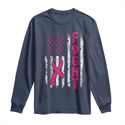 Fight Breast Cancer Support Pink Ribbon American Flag Graphic Long Sleeve Shirt