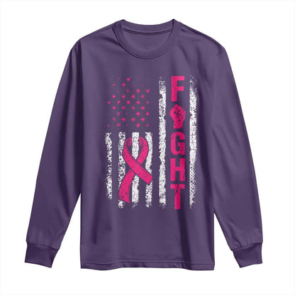 Fight Breast Cancer Support Pink Ribbon American Flag Graphic Long Sleeve Shirt