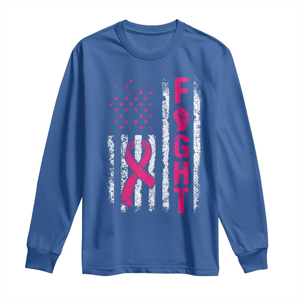 Fight Breast Cancer Support Pink Ribbon American Flag Graphic Long Sleeve Shirt