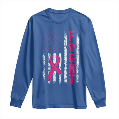 Fight Breast Cancer Support Pink Ribbon American Flag Graphic Long Sleeve Shirt