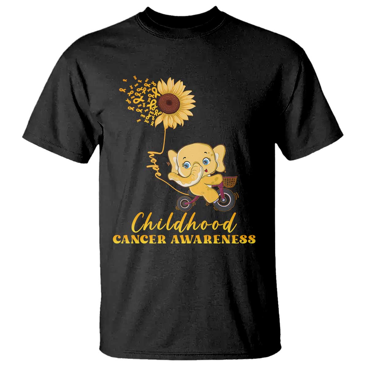 Childhood Cancer Warrior Support T Shirt Elephant Sunflower Gold Ribbon