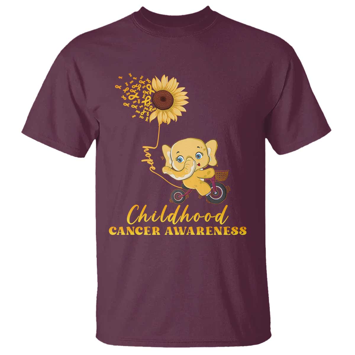 Childhood Cancer Warrior Support T Shirt Elephant Sunflower Gold Ribbon