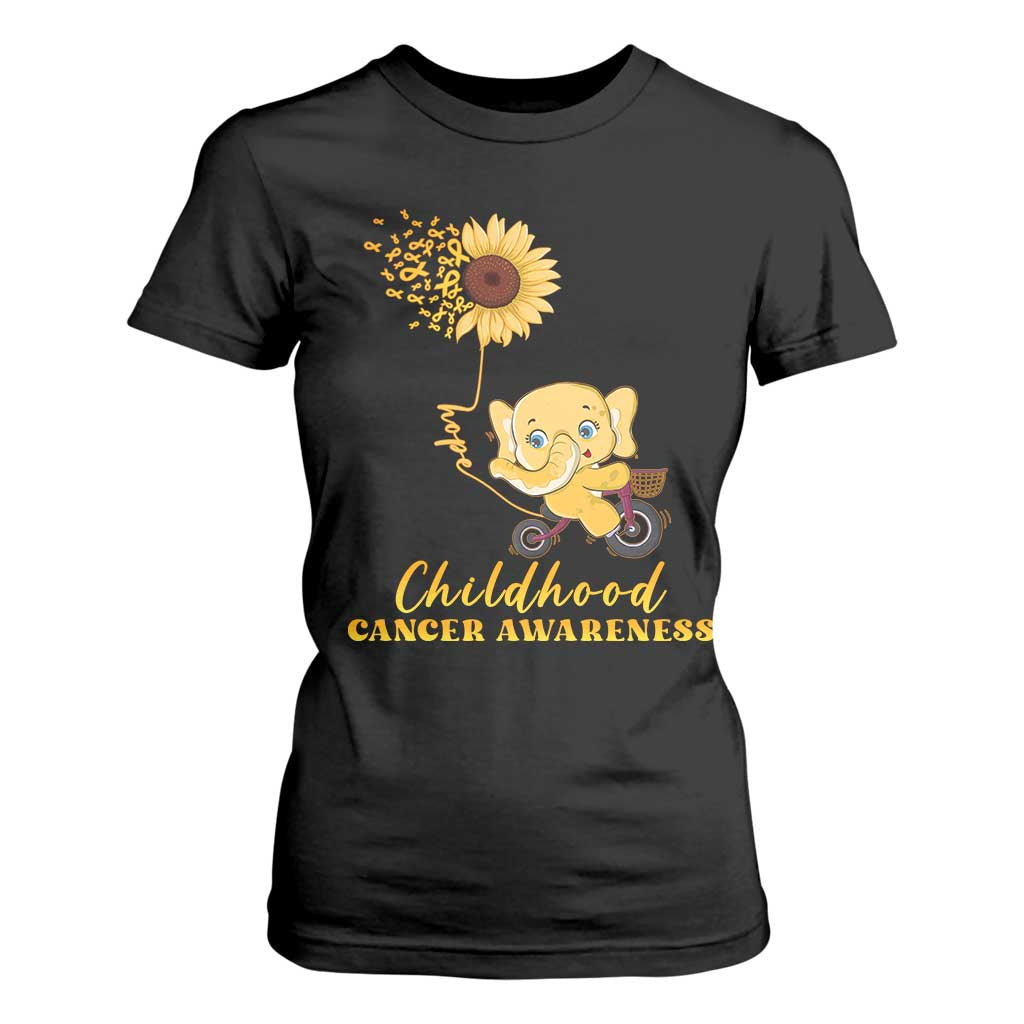 Childhood Cancer Warrior Support T Shirt For Women Elephant Sunflower Gold Ribbon