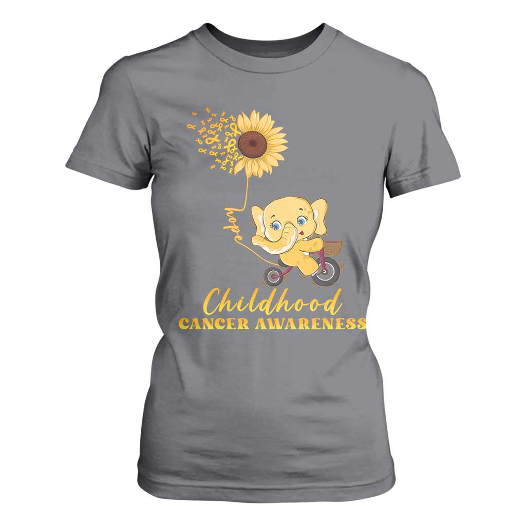 Childhood Cancer Warrior Support T Shirt For Women Elephant Sunflower Gold Ribbon