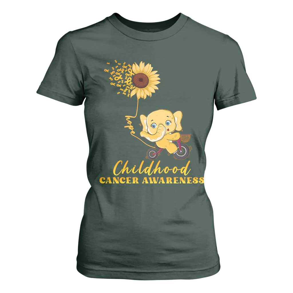 Childhood Cancer Warrior Support T Shirt For Women Elephant Sunflower Gold Ribbon