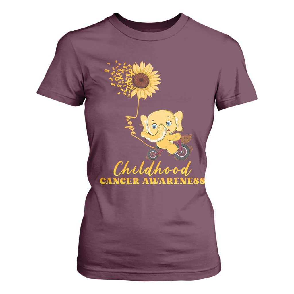 Childhood Cancer Warrior Support T Shirt For Women Elephant Sunflower Gold Ribbon