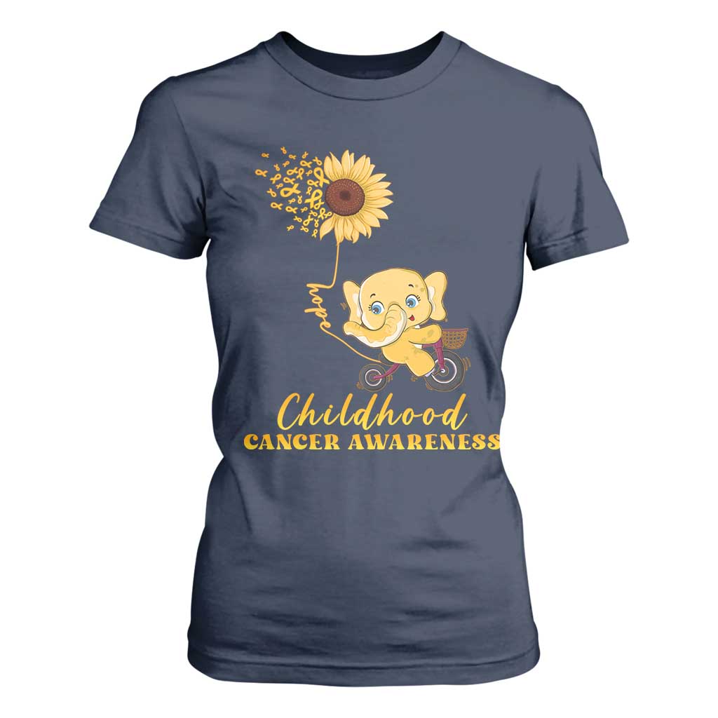 Childhood Cancer Warrior Support T Shirt For Women Elephant Sunflower Gold Ribbon