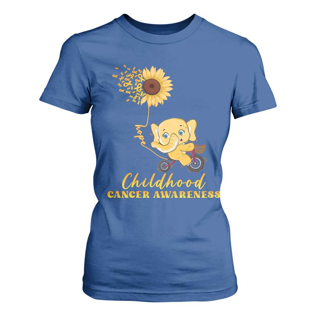 Childhood Cancer Warrior Support T Shirt For Women Elephant Sunflower Gold Ribbon