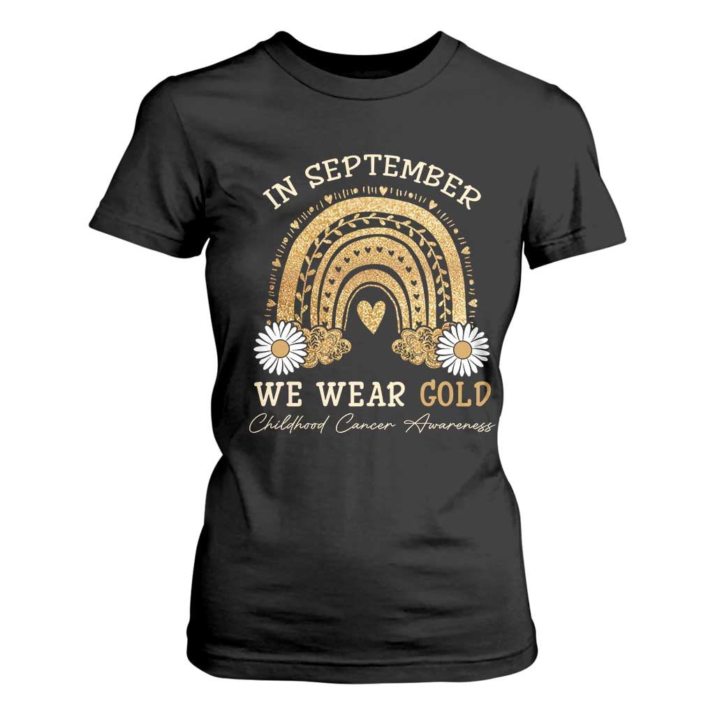 Childhood Cancer Warrior Support T Shirt For Women In September We Wear Gold Rainbow