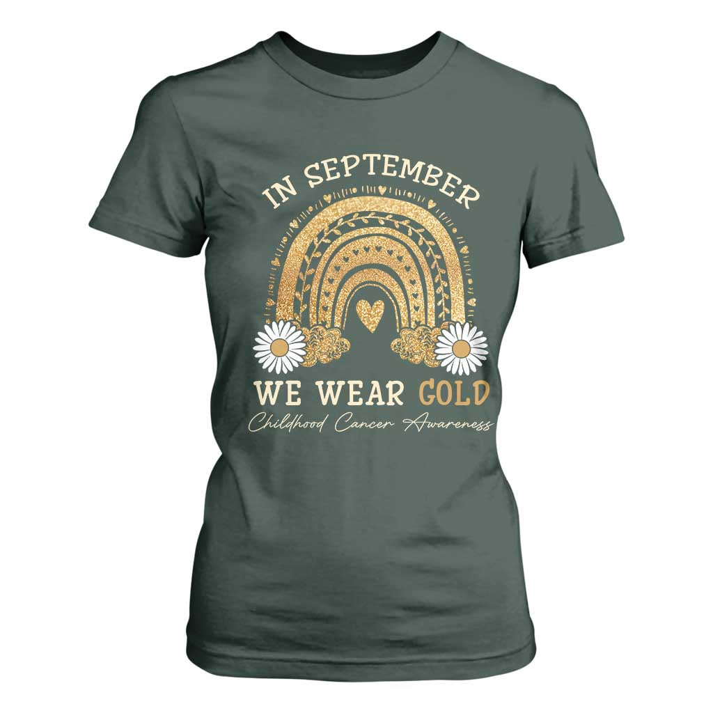 Childhood Cancer Warrior Support T Shirt For Women In September We Wear Gold Rainbow