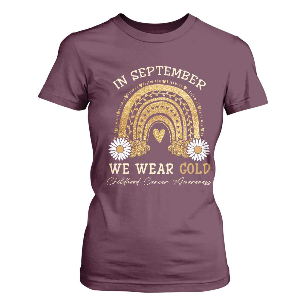 Childhood Cancer Warrior Support T Shirt For Women In September We Wear Gold Rainbow