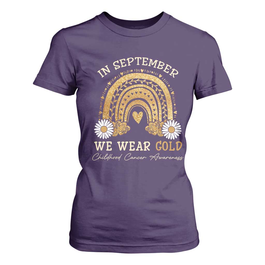 Childhood Cancer Warrior Support T Shirt For Women In September We Wear Gold Rainbow