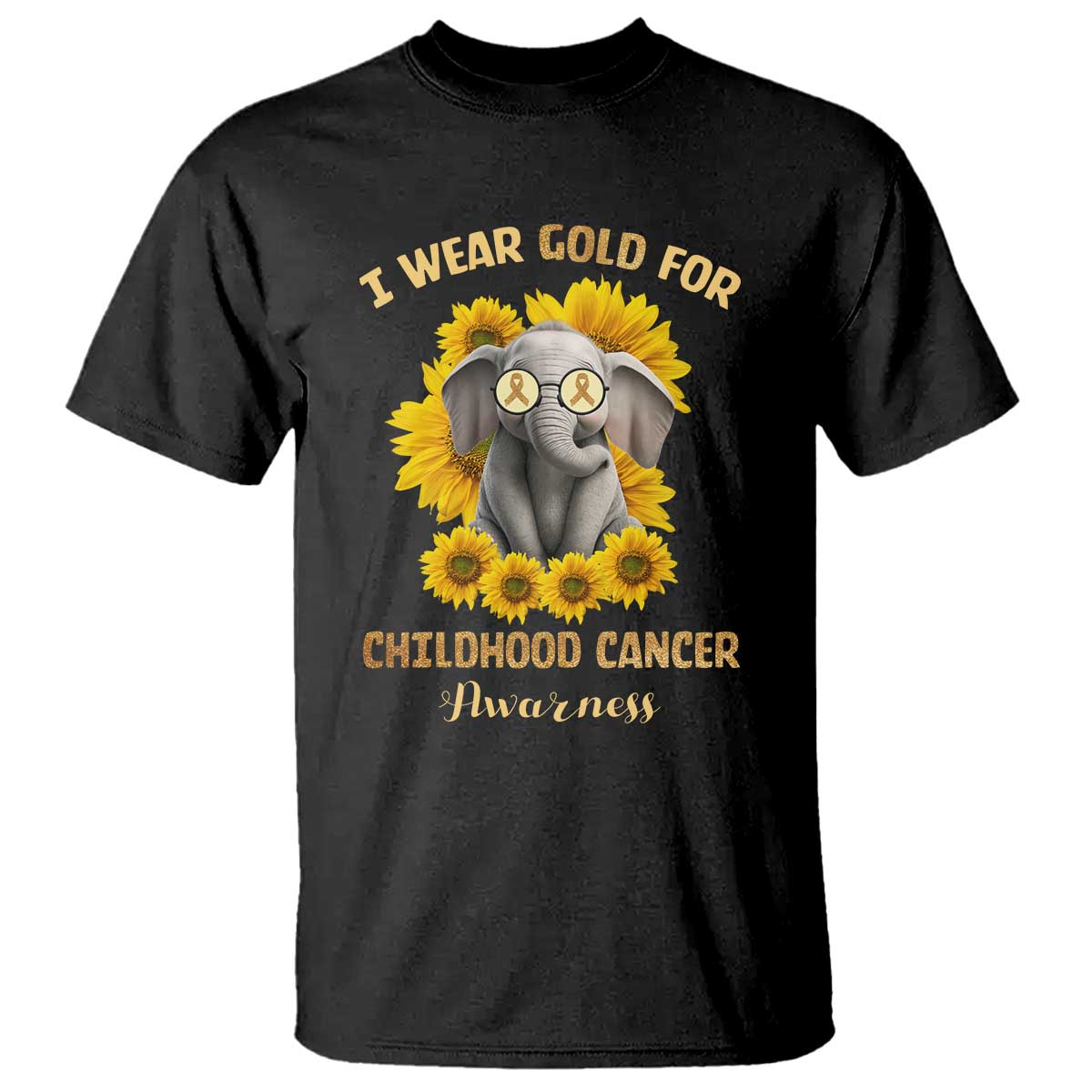 Childhood Cancer Warrior Support T Shirt Flowers Elephant I Wear Gold For