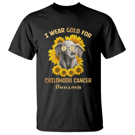 Childhood Cancer Warrior Support T Shirt Flowers Elephant I Wear Gold For