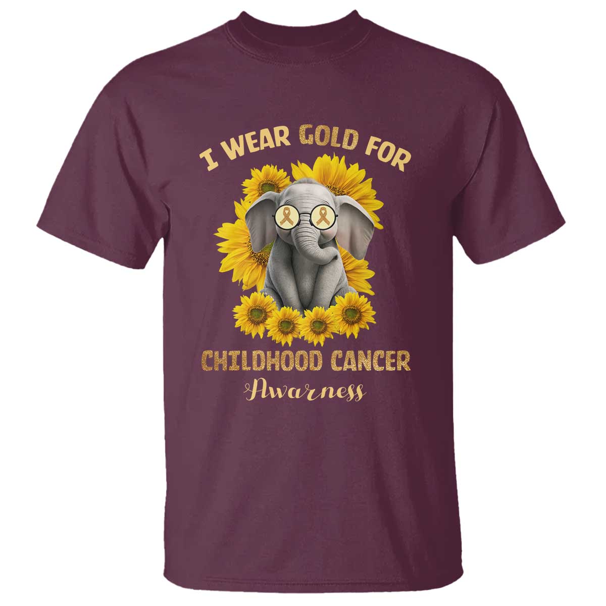 Childhood Cancer Warrior Support T Shirt Flowers Elephant I Wear Gold For
