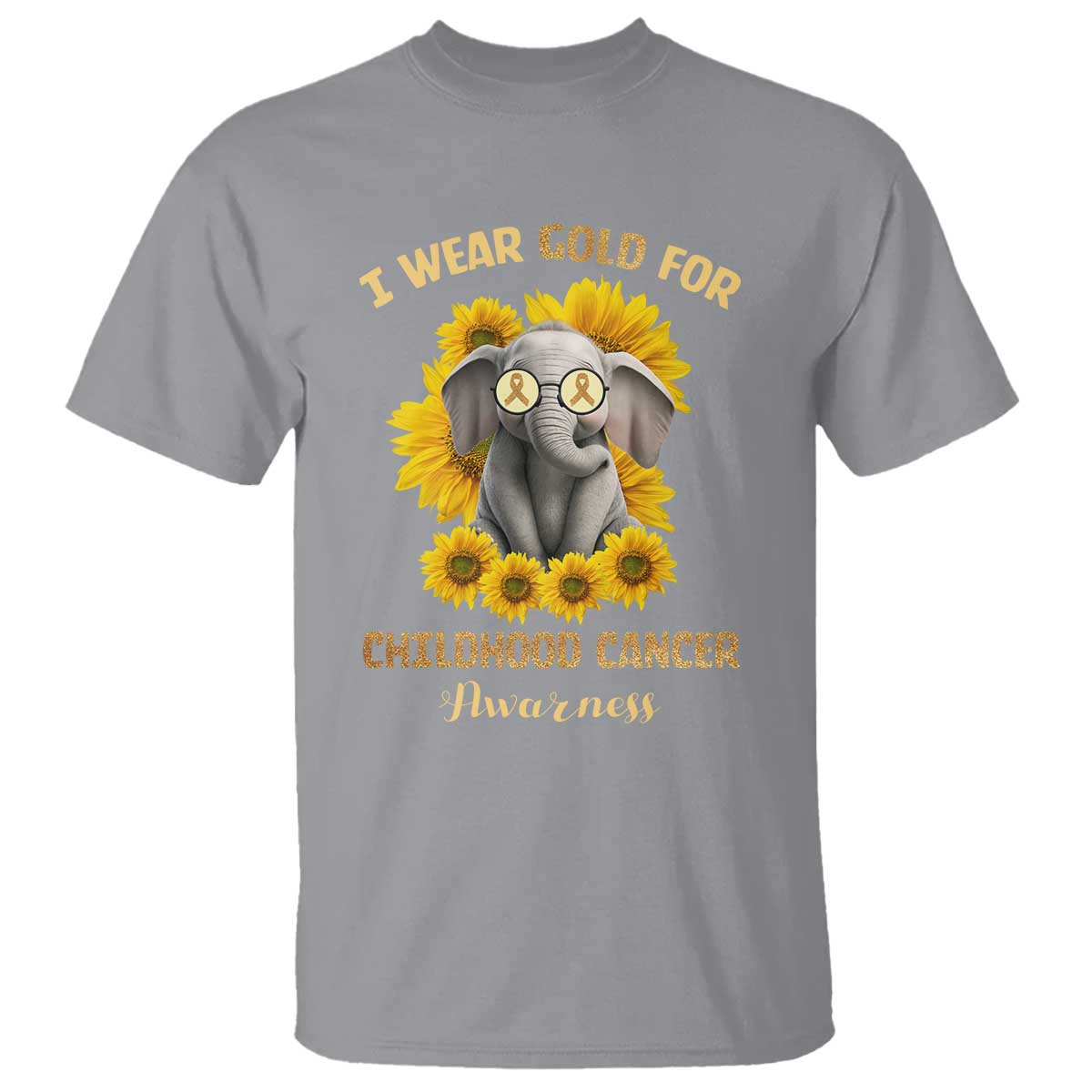 Childhood Cancer Warrior Support T Shirt Flowers Elephant I Wear Gold For