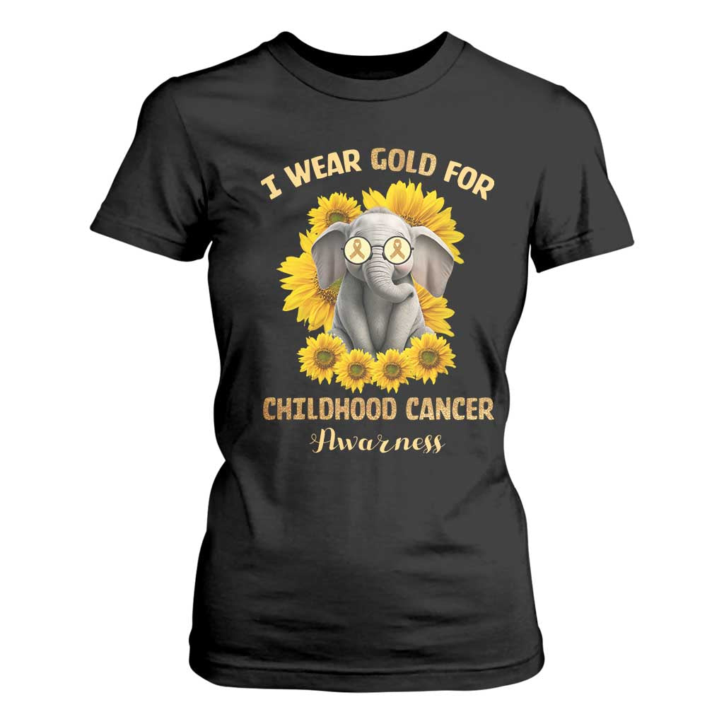 Childhood Cancer Warrior Support T Shirt For Women Flowers Elephant I Wear Gold For