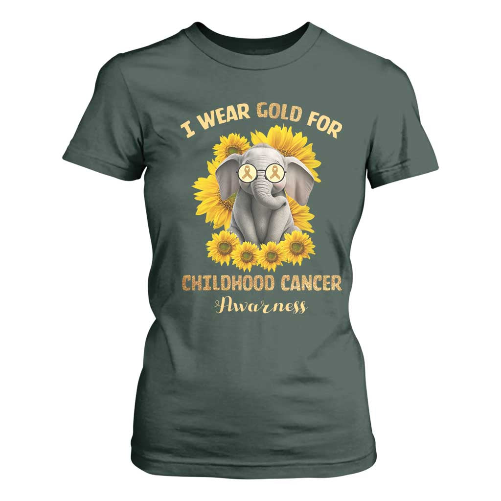 Childhood Cancer Warrior Support T Shirt For Women Flowers Elephant I Wear Gold For