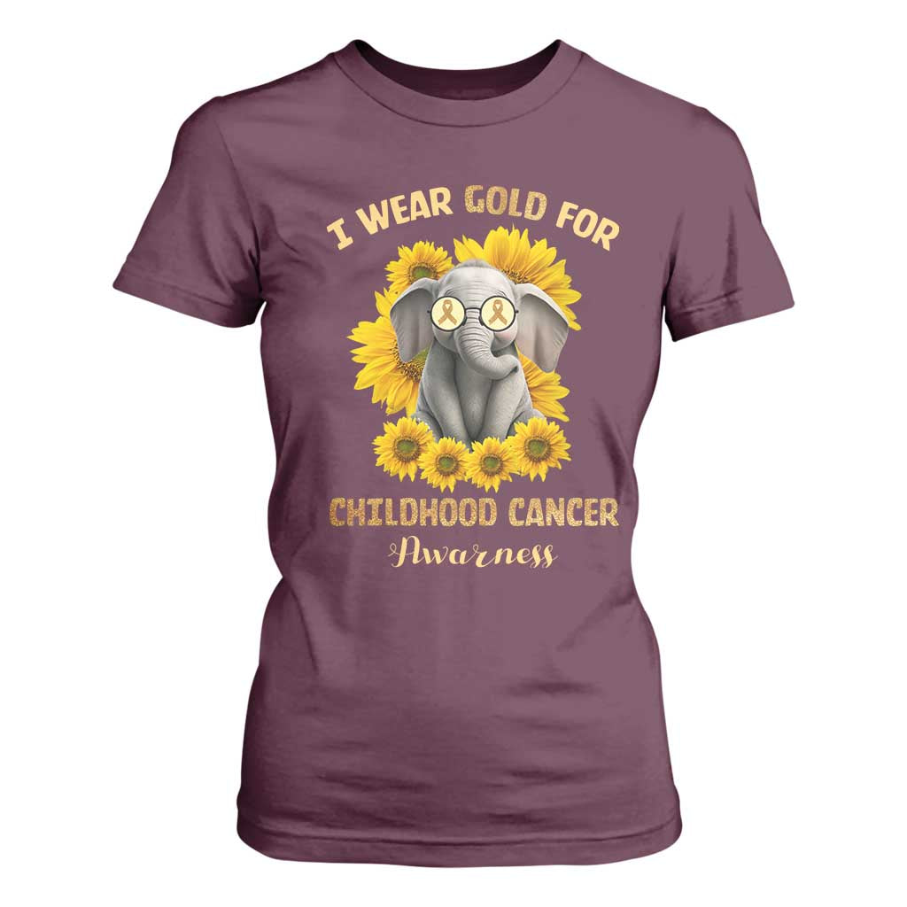 Childhood Cancer Warrior Support T Shirt For Women Flowers Elephant I Wear Gold For