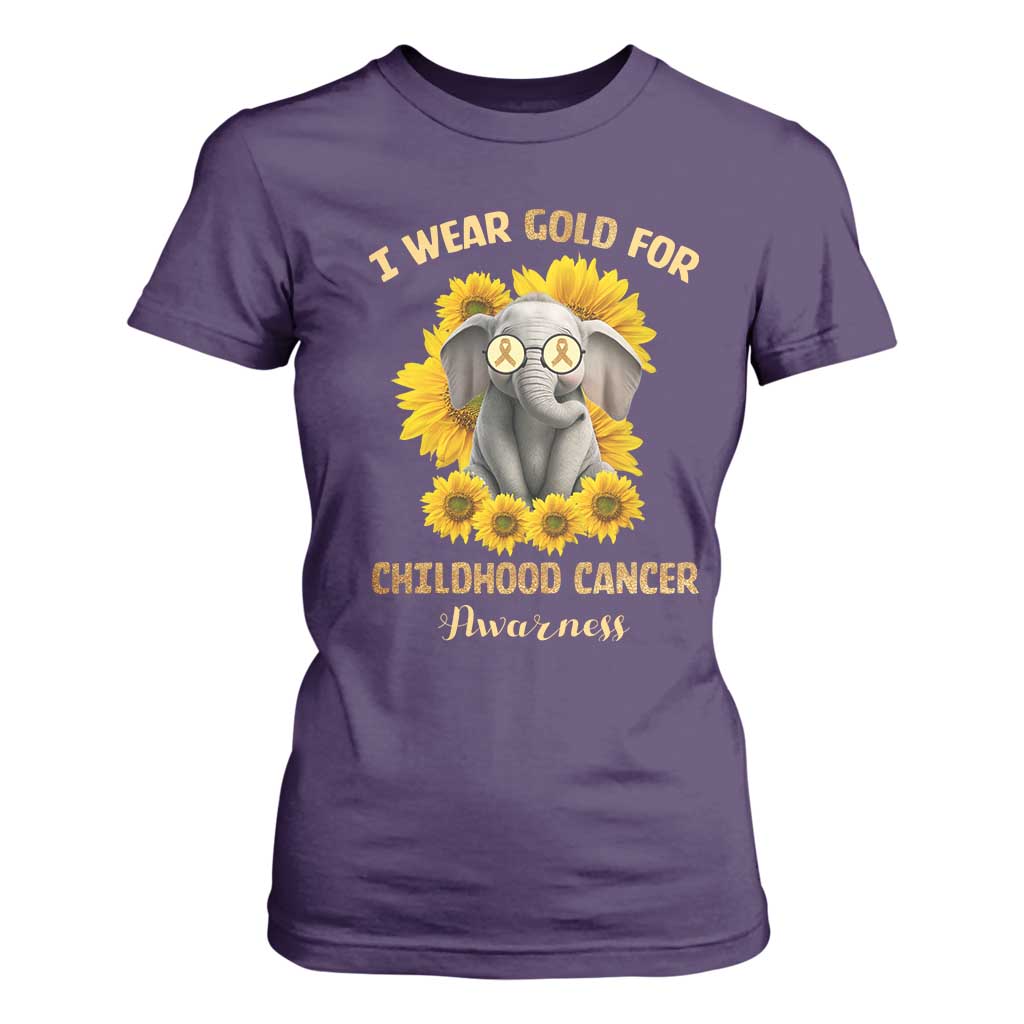 Childhood Cancer Warrior Support T Shirt For Women Flowers Elephant I Wear Gold For