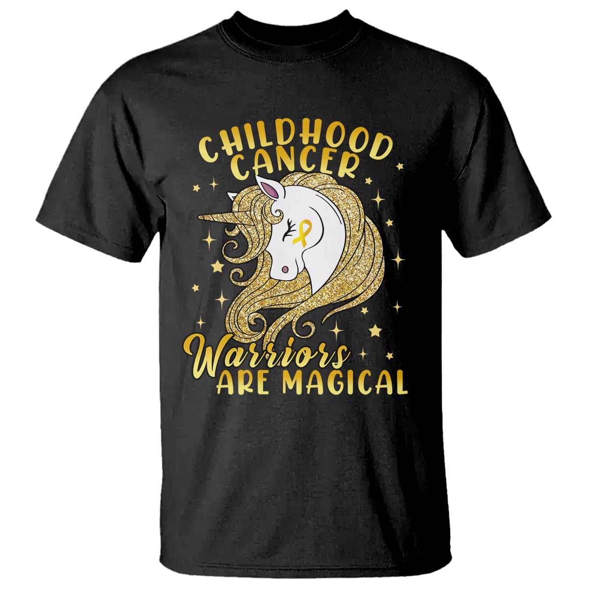 Childhood Cancer Warrior Support T Shirt Warriors Are Magical Unicorn Gold Ribbon