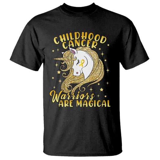 Childhood Cancer Warrior Support T Shirt Warriors Are Magical Unicorn Gold Ribbon