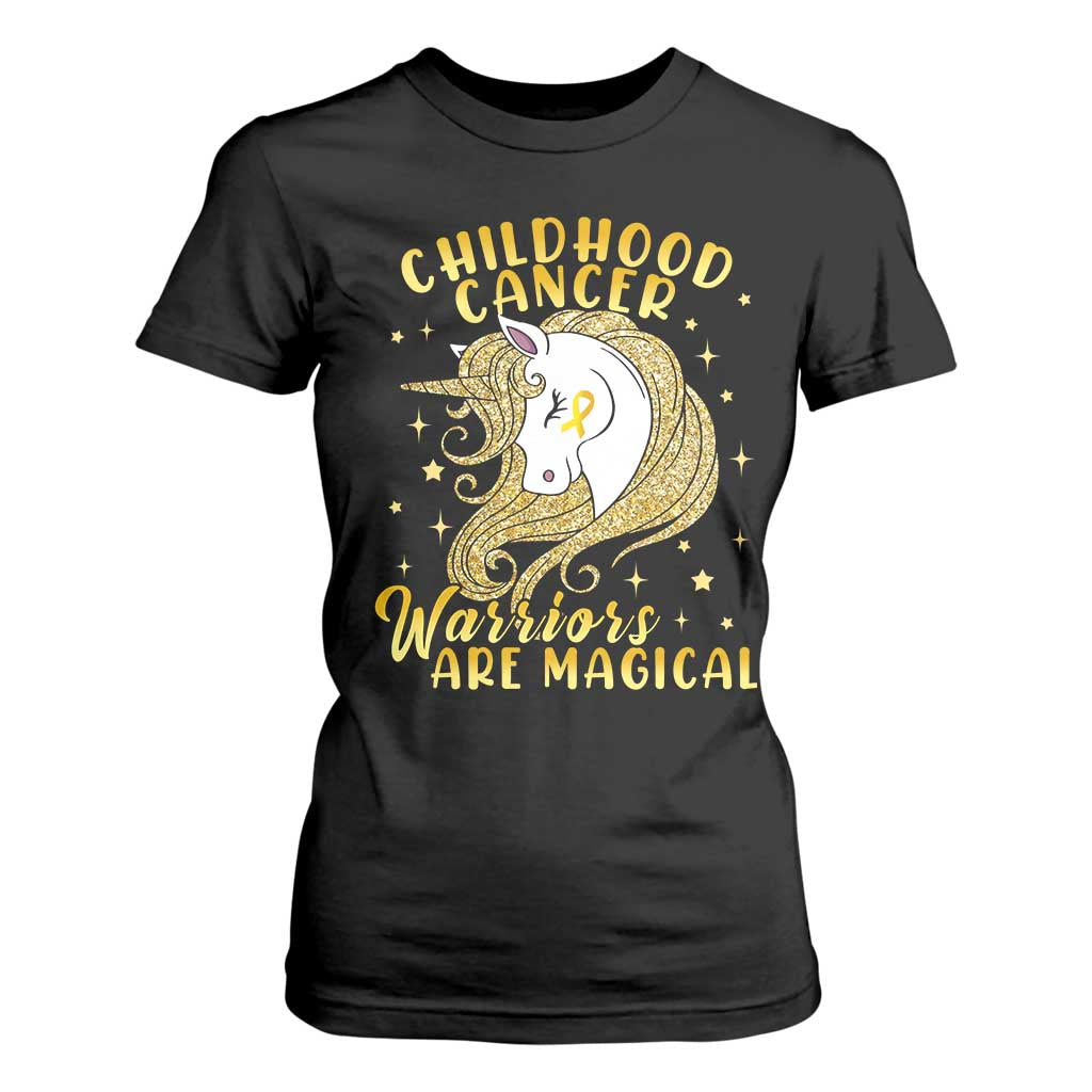 Childhood Cancer Warrior Support T Shirt For Women Warriors Are Magical Unicorn Gold Ribbon