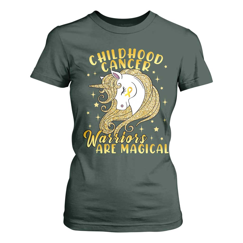 Childhood Cancer Warrior Support T Shirt For Women Warriors Are Magical Unicorn Gold Ribbon