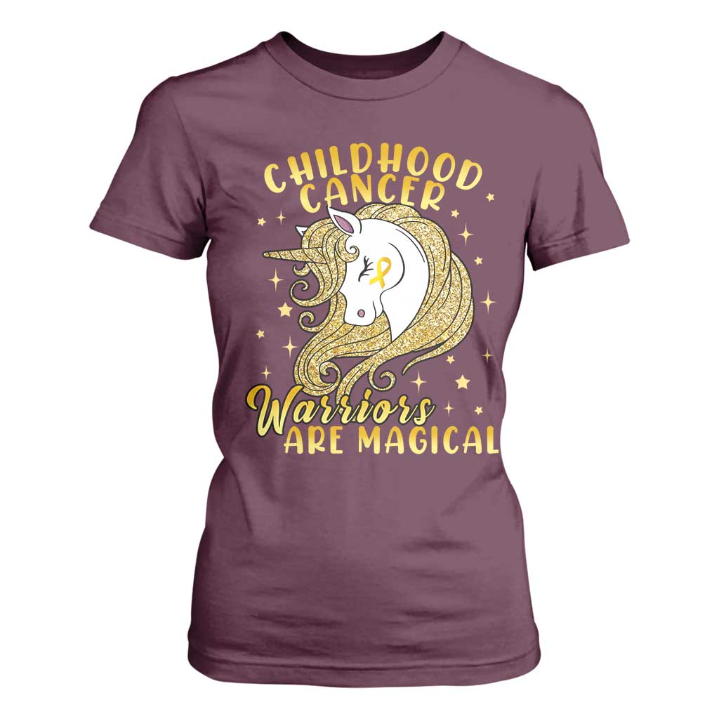 Childhood Cancer Warrior Support T Shirt For Women Warriors Are Magical Unicorn Gold Ribbon