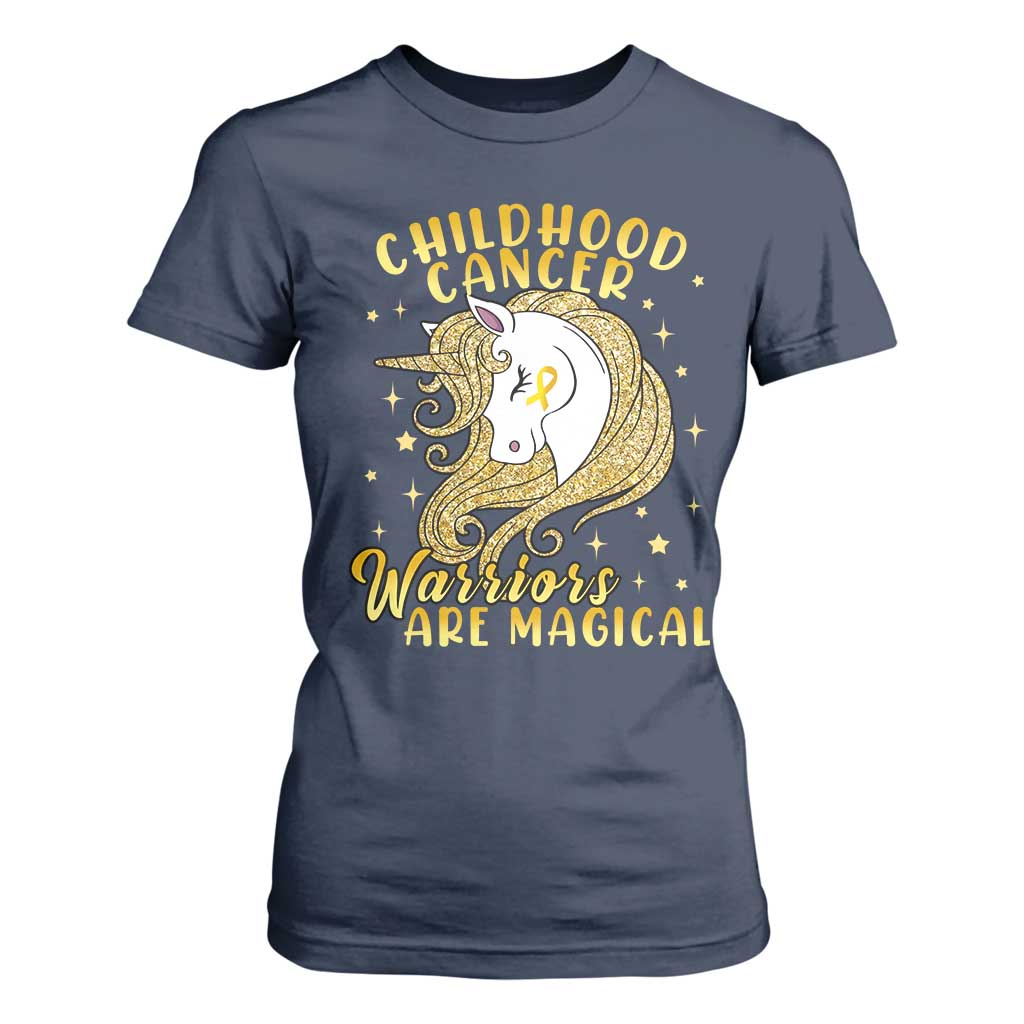 Childhood Cancer Warrior Support T Shirt For Women Warriors Are Magical Unicorn Gold Ribbon