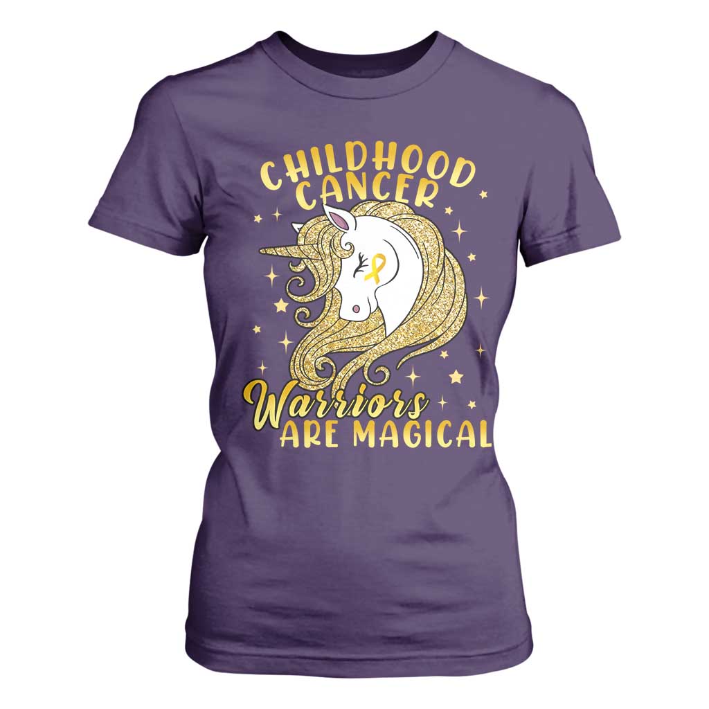 Childhood Cancer Warrior Support T Shirt For Women Warriors Are Magical Unicorn Gold Ribbon