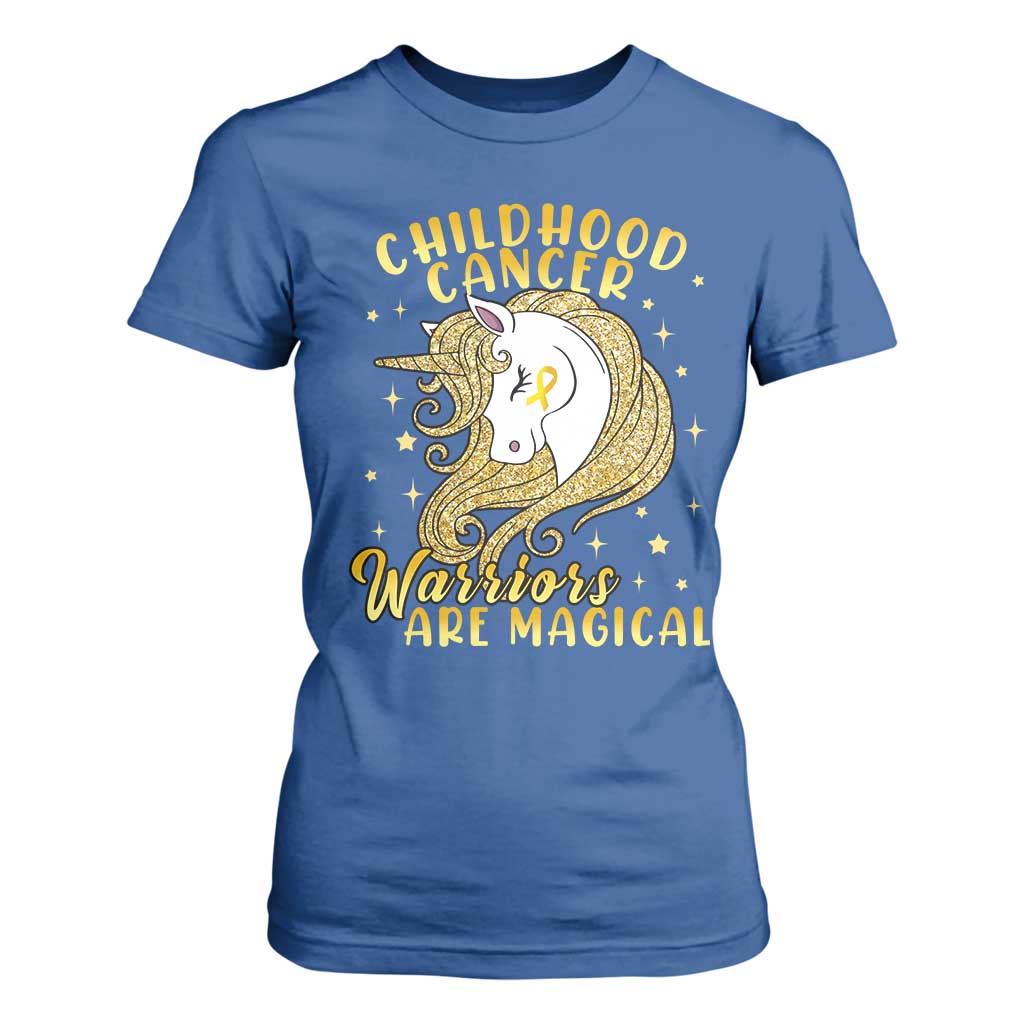Childhood Cancer Warrior Support T Shirt For Women Warriors Are Magical Unicorn Gold Ribbon