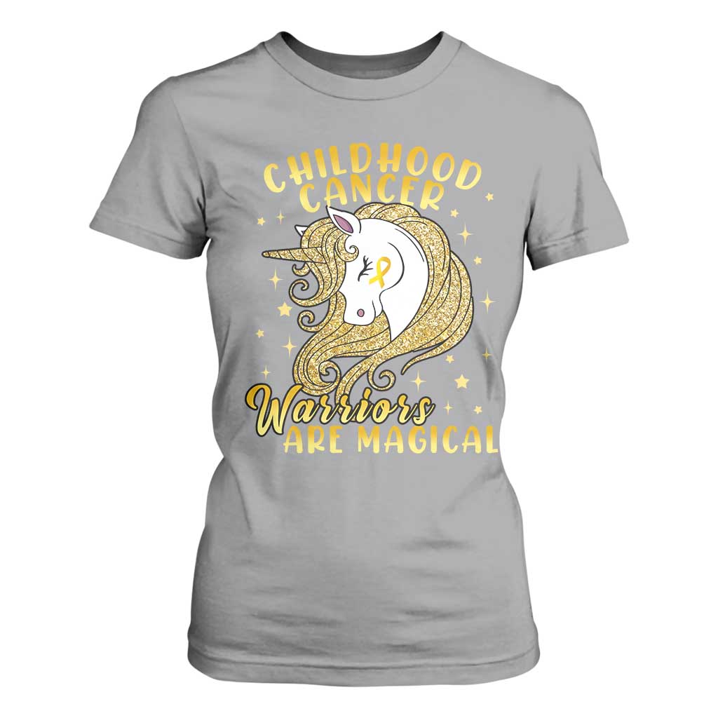 Childhood Cancer Warrior Support T Shirt For Women Warriors Are Magical Unicorn Gold Ribbon