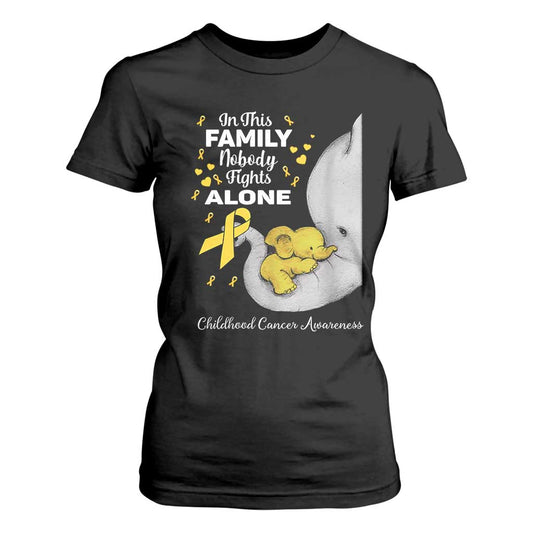 Childhood Cancer Warrior Support T Shirt For Women In This Family Nobody Fights Alone Elephant