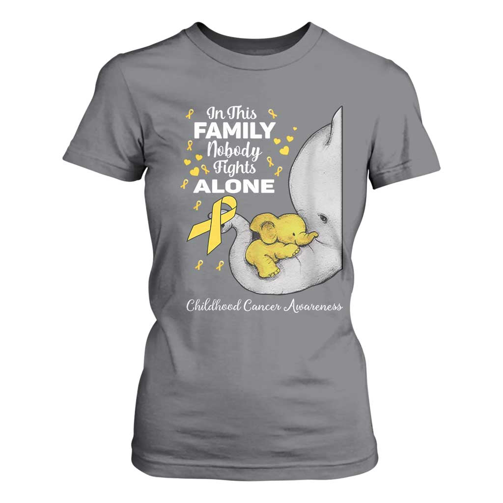 Childhood Cancer Warrior Support T Shirt For Women In This Family Nobody Fights Alone Elephant