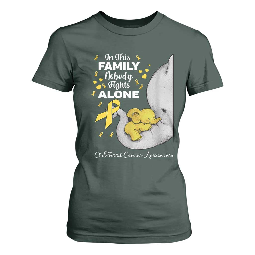 Childhood Cancer Warrior Support T Shirt For Women In This Family Nobody Fights Alone Elephant