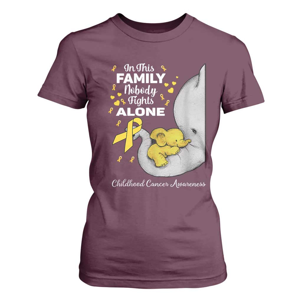 Childhood Cancer Warrior Support T Shirt For Women In This Family Nobody Fights Alone Elephant