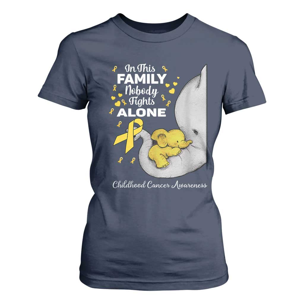 Childhood Cancer Warrior Support T Shirt For Women In This Family Nobody Fights Alone Elephant