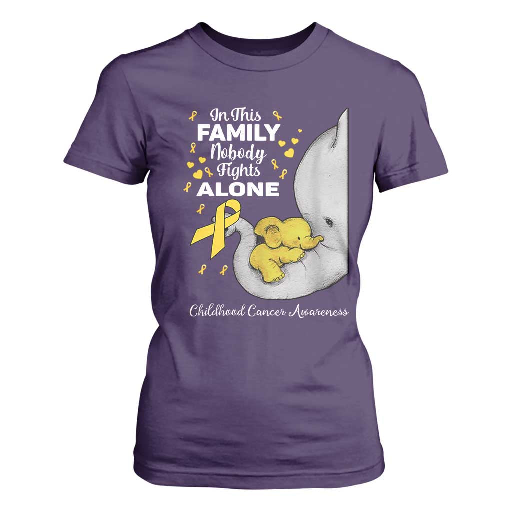 Childhood Cancer Warrior Support T Shirt For Women In This Family Nobody Fights Alone Elephant