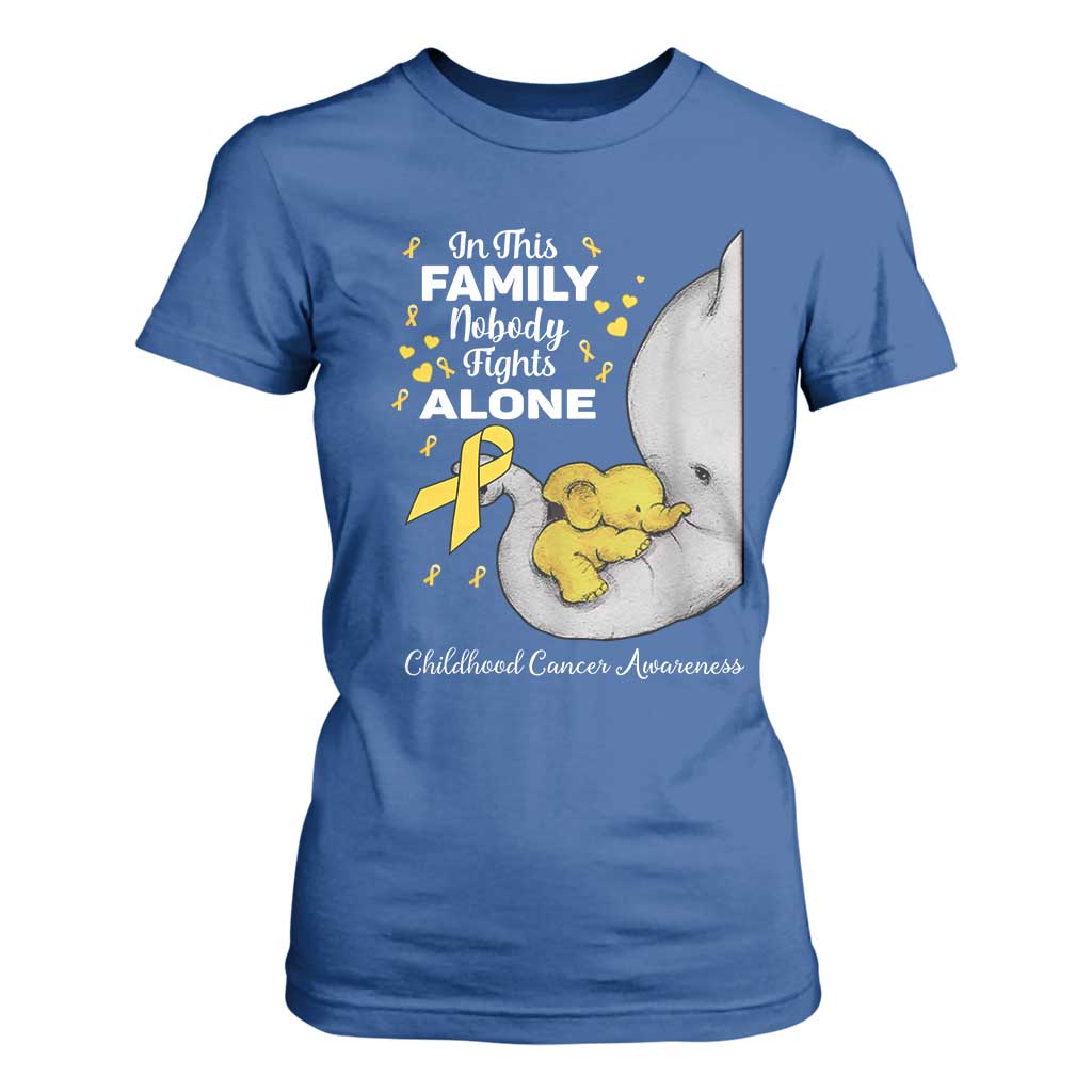 Childhood Cancer Warrior Support T Shirt For Women In This Family Nobody Fights Alone Elephant
