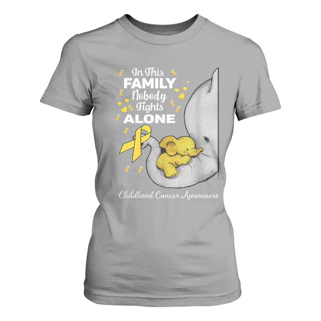 Childhood Cancer Warrior Support T Shirt For Women In This Family Nobody Fights Alone Elephant