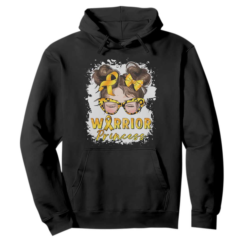 Childhood Cancer Warrior Support Hoodie Warrior Princess Gold Ribbon Messy Bun Girl
