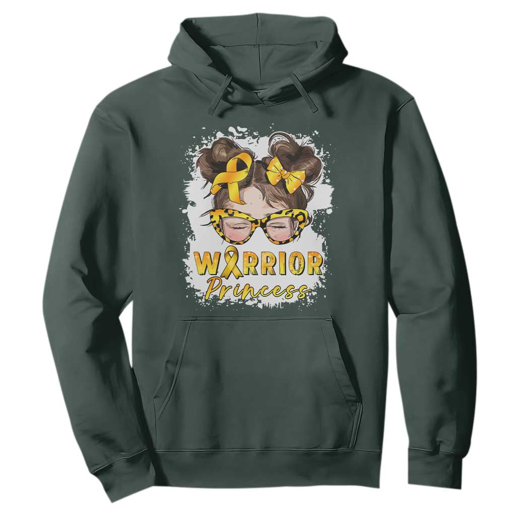 Childhood Cancer Warrior Support Hoodie Warrior Princess Gold Ribbon Messy Bun Girl