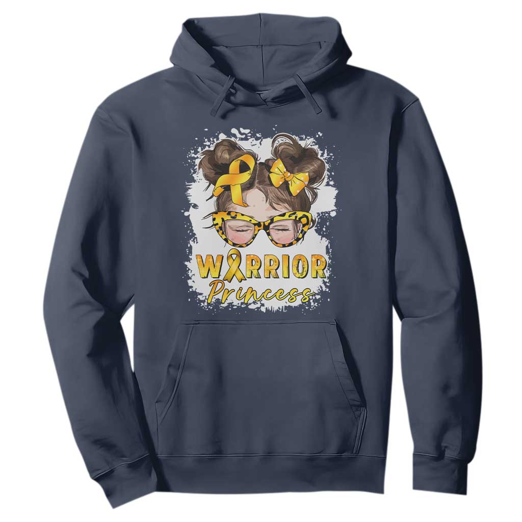 Childhood Cancer Warrior Support Hoodie Warrior Princess Gold Ribbon Messy Bun Girl