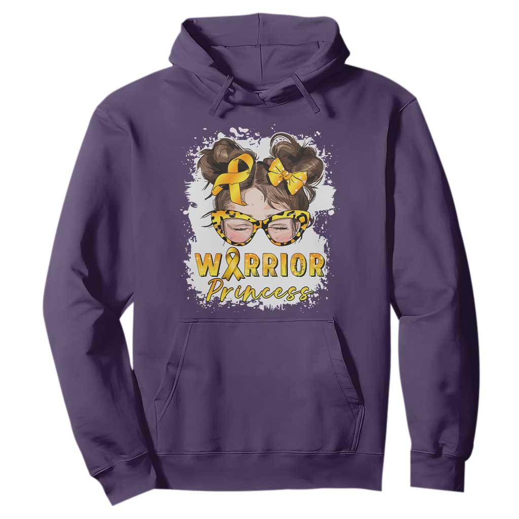 Childhood Cancer Warrior Support Hoodie Warrior Princess Gold Ribbon Messy Bun Girl
